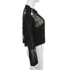 Solid hollow out crochet long sleeve round neck top