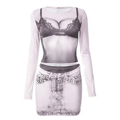 Long sleeve crewneck bikini body print mini skirt set