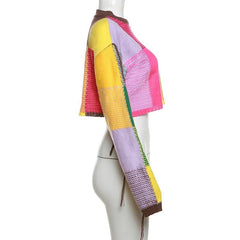 Plaid contrast long sleeve knitted crewneck top