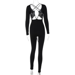 Cross front long sleeve hollow out lace up solid jumpsuit