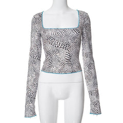 Polka dot contrast long sleeve square neck top