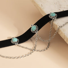 Stone pendant velvet layered choker necklace