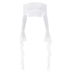 Long flared sleeve off shoulder ruffle sheer mesh backless top