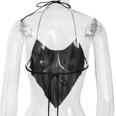 Halter spaghetti strap self tie backless solid stitch cowl neck crop top