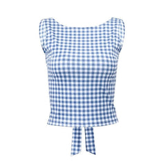 Sleeveless plaid contrast backless bowknot top