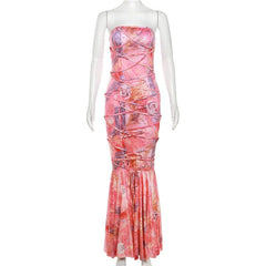 Lace up flower print contrast backless tube maxi dress