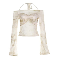 Tie dye off shoulder ruched halter contrast long sleeve top