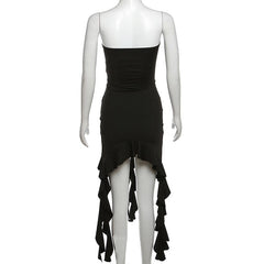 Lace up solid ruffle backless irregular tube mini dress