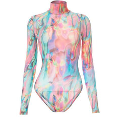 Long sleeve high neck sheer mesh contrast bodysuit