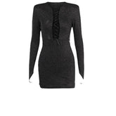 Long sleeve hollow out lace up gloves textured mini dress - Final Sale