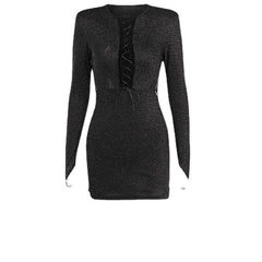 Long sleeve hollow out lace up gloves textured mini dress - Final Sale