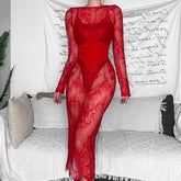 Lace see through solid long sleeve corset zip-up slit midi dress