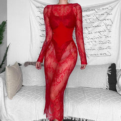 Lace see through solid long sleeve corset zip-up slit midi dress