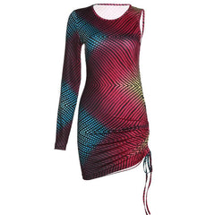 Polka dot contrast one shoulder drawstring irregular mini dress