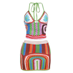 Striped v neck halter self tie contrast backless mini skirt set