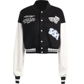 Embroidery contrast button patchwork high neck coat top