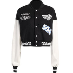 Embroidery contrast button patchwork high neck coat top