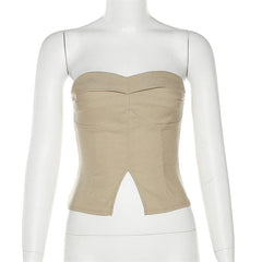 Slit solid sweetheart neck ruched backless tube crop top