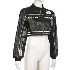 Long sleeve PU leather zip-up high neck coat top
