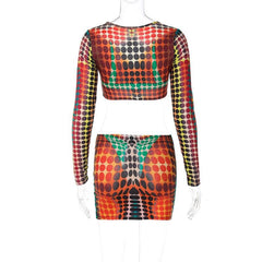 Polka dot thermal u neck contrast long sleeve zip-up mini skirt set