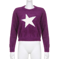 Fluffy star pattern contrast long sleeve crewneck top