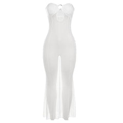 Mesh see through o ring hollow out backless tube maxi dress