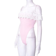 Ribbed lace hem contrast off shoulder backless bodysuit
