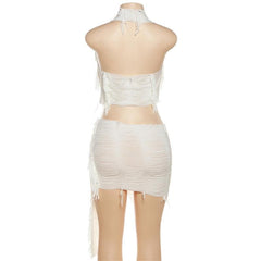 Cowl neck textured halter backless irregular tassels mini skirt set