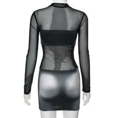 Body print mesh patchwork long sleeve contrast mini dress