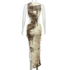 Sleeveless textured tie dye hollow out irregular slit maxi dress