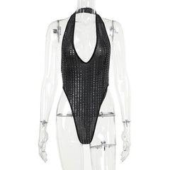 Glitter v neck low cut backless halter bodysuit