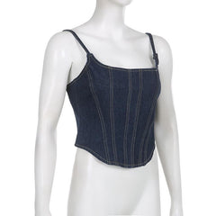 Stitch square neck backless zip-up denim cami top - Final Sale