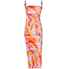 Sleeveless contrast print slit backless self tie hollow out midi dress