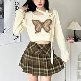 Butterfly embroidery irregular long sleeve contrast top
