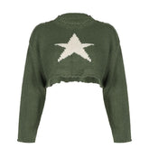 Knitted star pattern contrast long sleeve crewneck crop top