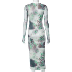 Long sleeve crewneck tie dye mesh gloves contrast midi dress