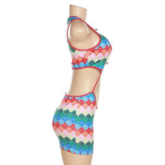 Contrast plaid hollow out button sleeveless mini dress