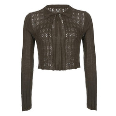 Crochet self tie long sleeve hollow out solid top - Final Sale