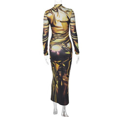 Long sleeve high neck print abstract midi dress