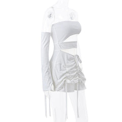 Solid irregular gloves off shoulder drawstring hollow out mini dress