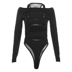 PRE ORDER - Hollow out solid long sleeve off shoulder mesh bodysuit