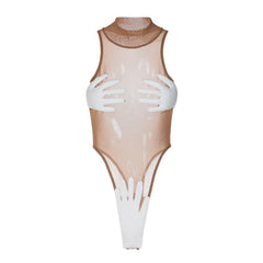 Palm applique mesh high neck sleeveless contrast bodysuit