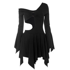 Long flared sleeve irregular solid ruffle o ring hollow out mini dress