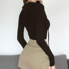 Long sleeve contrast drawstring star pattern hoodie crop top