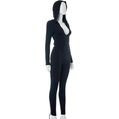 Long sleeve hoodie ruched u neck backless solid jumpsuit