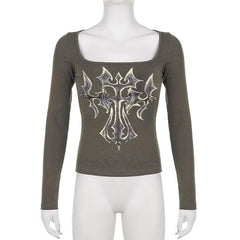 Square neck abstract long sleeve contrast top