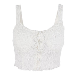 Solid button round neck smocked textured cami top