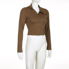 Textured irregular turnover collar zip-up long sleeve crop top