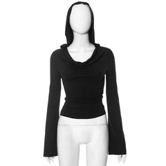 Cowl neck hoodie long flared sleeve solid 2-way top