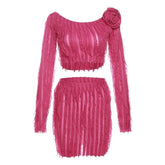 Long sleeve flower applique textured ruffle solid mini skirt set